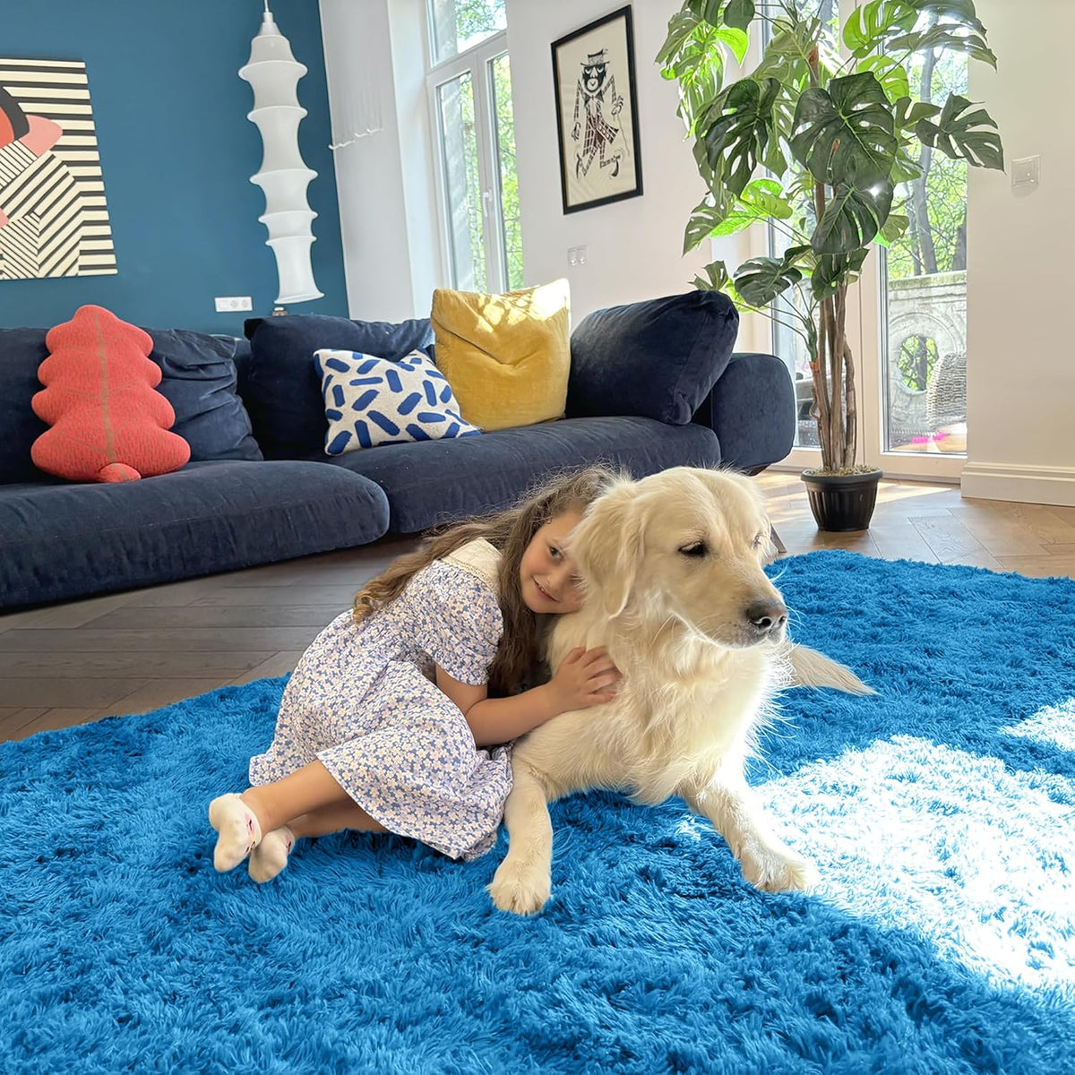 OLANLY Large Area Rug - Soft Fluffy Shaggy Carpet for Living Room & Bedroom | Bright Blue, 5x8 ft