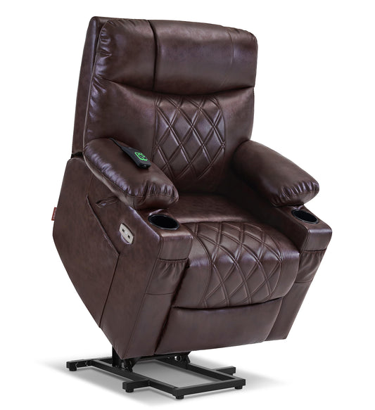 MCombo Small Power Lift Recliner Chair Sofa with Massage and Dual Heating, Adjustable Headrest for Elderly People Petite, USB Ports, Faux Leather 7111 (Dark Brown)