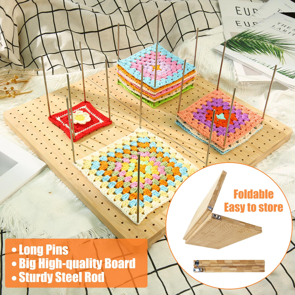 Aulin 15.5"" x 15.5"" Foldable Crochet Blocking Board with Pegs | 35 Stainless Steel Rod Pins - Upgrade Large Blocking Boards for Crochet Projects, Gifts for Crocheters, Mothers, Grandmothers