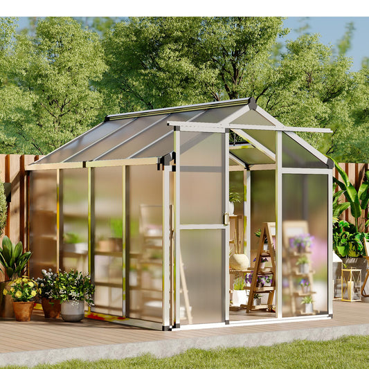 Greenhouse, 6x8 Ft Outdoor Greenhouses, Accessible Green House with Roof Vents and Sliding Doors, Aluminum Frame Polycarbonate Greenhouses, Large Greenhouse for Outdoor Gardens and Backyards, Silver