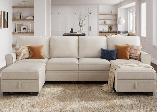 HONBAY Convertible Sectional Sofa with Storage U Shaped Sectional Couch with Reversible Chaise Small Sectional Couches for Living Room,Beige