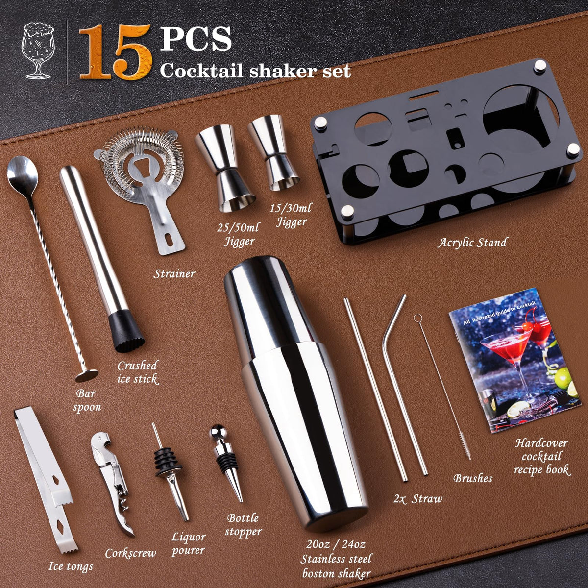 Cocktail Shaker Set Bartender Kit : 15-Piece Bar Tool Set with Acrylic Stand Bars Set with All Practical Bar Accessories, for Drink Mixing, Bar, Home, Lounge & Party, Silver