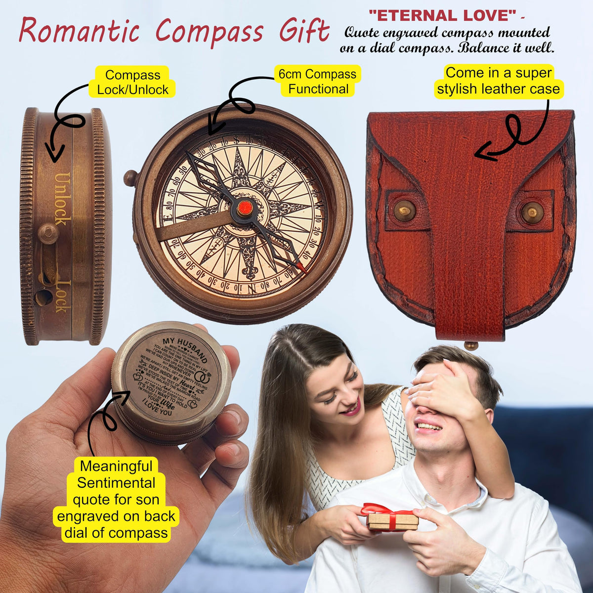 Royalmart Engraved Compass Gift for Men Personalized with Wooden Box Handmade Antique Brass Compass Keepsake Gifts for Husband Navigation Graduation Gift for Women (to My Husband #8)