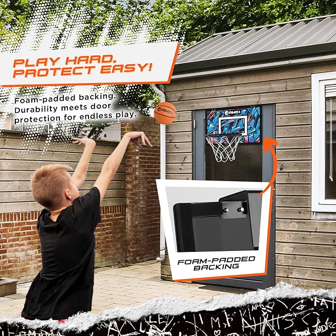 AND1 Over the Door Mini Basketball Hoop: 18x12 Shatterproof Backboard, 2 Mini Basketballs, and Hand Pump Included- Ultimate Indoor Basketball Accessory for Kids and Adults, No Tools Required