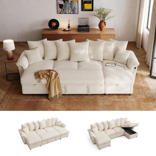 LINSY HOME Oversized Sectional Sleeper Sofa with Pull Out Couch Bed (Beige, 118.5'')