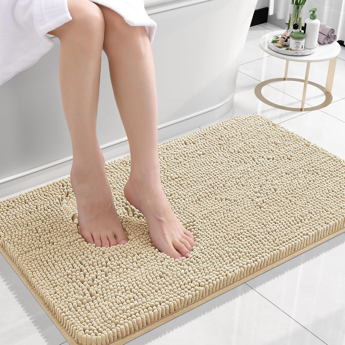 OLANLY Bathroom Rugs - Extra Soft Chenille Bath Mats | Quick Dry, Machine Washable, 24x16, Beige