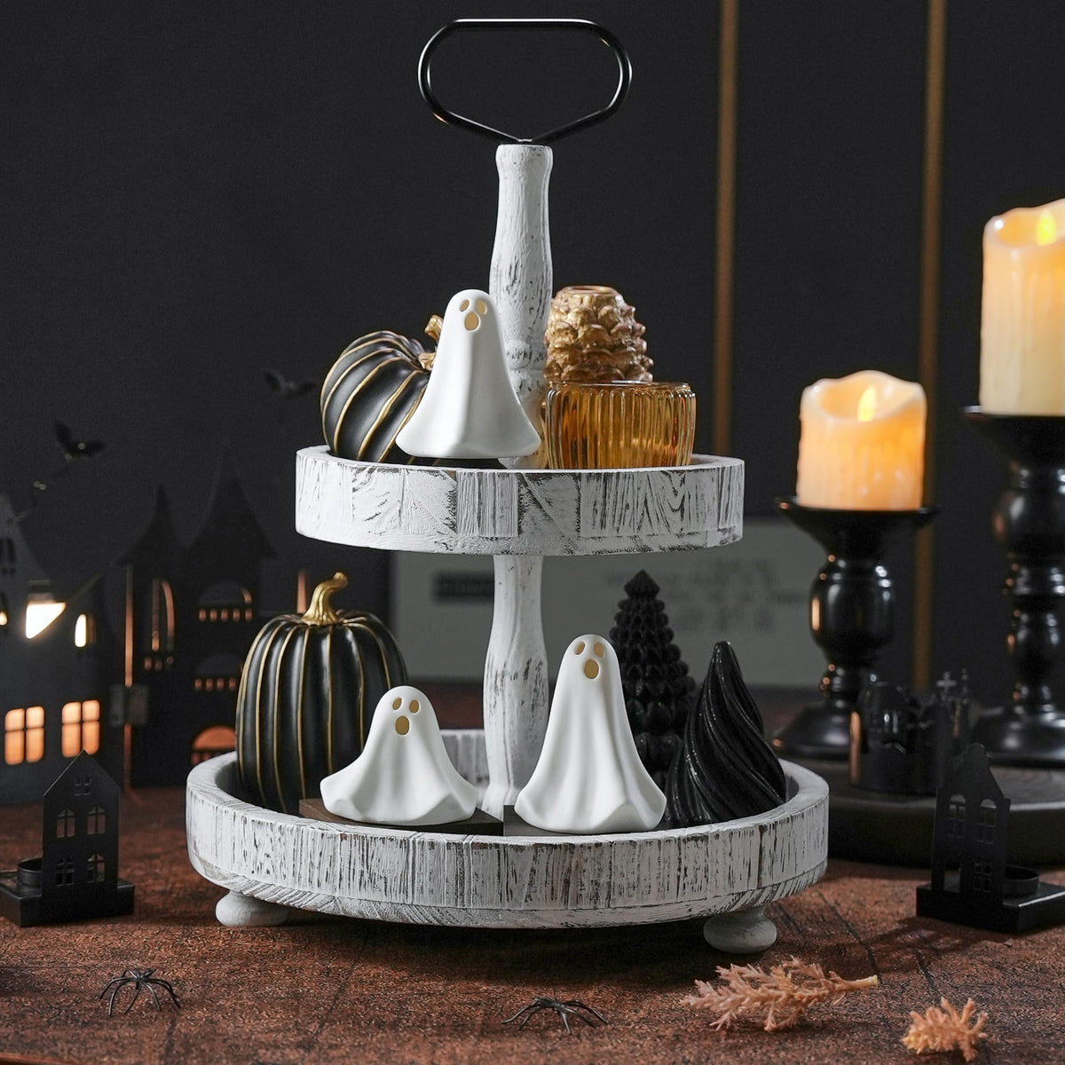 AOMOONOA Ceramic Ghost Decor, 3Pcs Light Up Ghosts for Indoor Halloween Decorations, Battery Powered White Mini Ghost Figurines with LED for Spooky Halloween, Home Tabletop Shelf Centerpieces