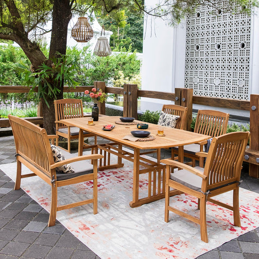 Cambridge Casual Caterina Teak Wood 6-Piece Outdoor Dining Set with Bench, Armchairs, and Beige Cushions, Weather-Resistant Natural Teak Garden Furniture for Porch, Deck, or Backyard