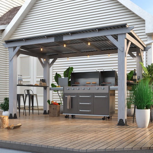 COVERONICS 12.5'x6.5' Outdoor Grill Gazebo - Hardtop Cedar Wood Gazebo with 2 Side Shelves and Galvanized Steel Roof, Patio Wooden BBQ Pergola for Porch, Garden and Backyard