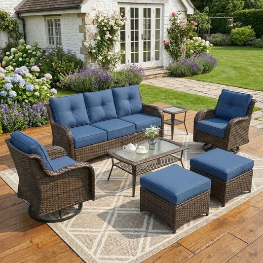 SAILARY Patio Furniture Set, 7PCS Outdoor Wicker Conversation Set with 6" Thick Cushions, High Back Rattan Sofa & Swivel Rocker Chairs, Weather Resistant Olefin Fabric for Garden, Poolside, Navy Blue