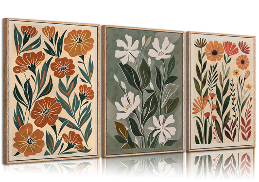 3pcs Abstract Boho Floral Canvas Wall Art Green Beige Flower Market Wall Decor Pictures Minimalist Colorful Botanica Posters Prints For Living Room Bedroom Office Home Decoration