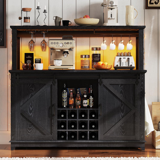 Farmhouse Coffee Bar Cabinet with Power Outlet & LED Lights,55" Sliding Barn Door Buffet with Removable Wine Rack & 2-Tier Drawers, Multi-Functional Storage Cabinet for Kitchen, Dining or Living Room