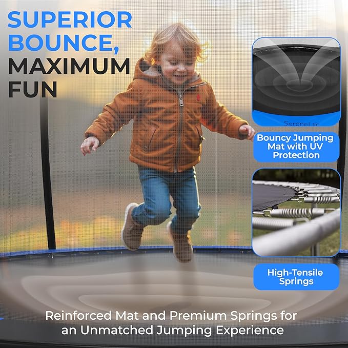 SereneLife 8FT 10FT 12FT 14FT Outdoor Trampoline for Kids and Adults – ASTM Certified Heavy-Duty Backyard Trampoline with Safety Poles, Net Enclosure, and Stable Anti-Rust Frame
