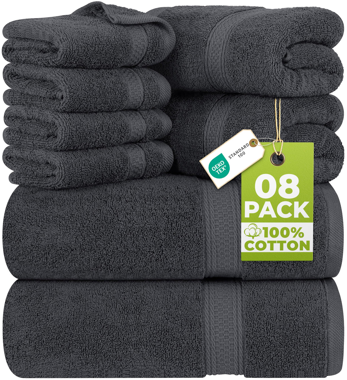 Utopia Towels 8 Piece Luxury Towel Set – Majestic Plush, Super Absorbent & Quicker-to-Dry, Thick 100% Ring Spun Cotton Towels for Bathroom, Spa & Hotel – 2 Bath, 2 Hand, 4 Washcloths, Grey