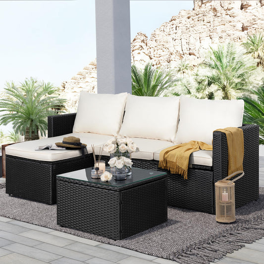 SUNLEI Patio Furniture Set with Detachable Soft Cushions, Outdoor PE Rattan Patio Conversation Sofa Set, 3-Piece Patio Sectional Sofa with Glass Coffee Table, Black Rattan/White