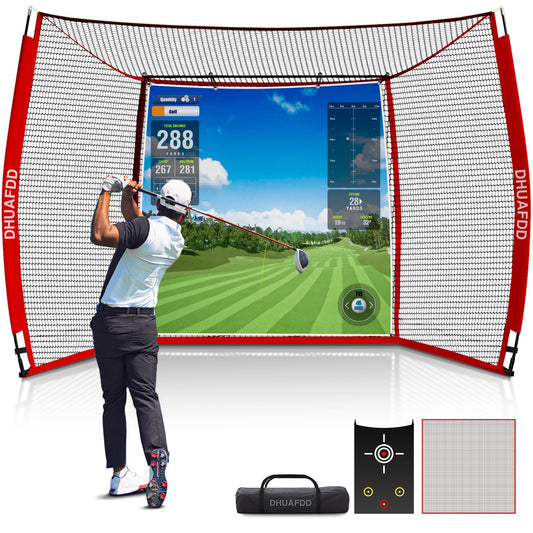 DHUAFDD Golf Hitting Net with Impact Screen 10 X 8 ft Golf Net with HD Simulator Screen & Target Cloth for Home Backyard Garage Golf Simulator Cage for Swing Training Indoor Outdoor Use