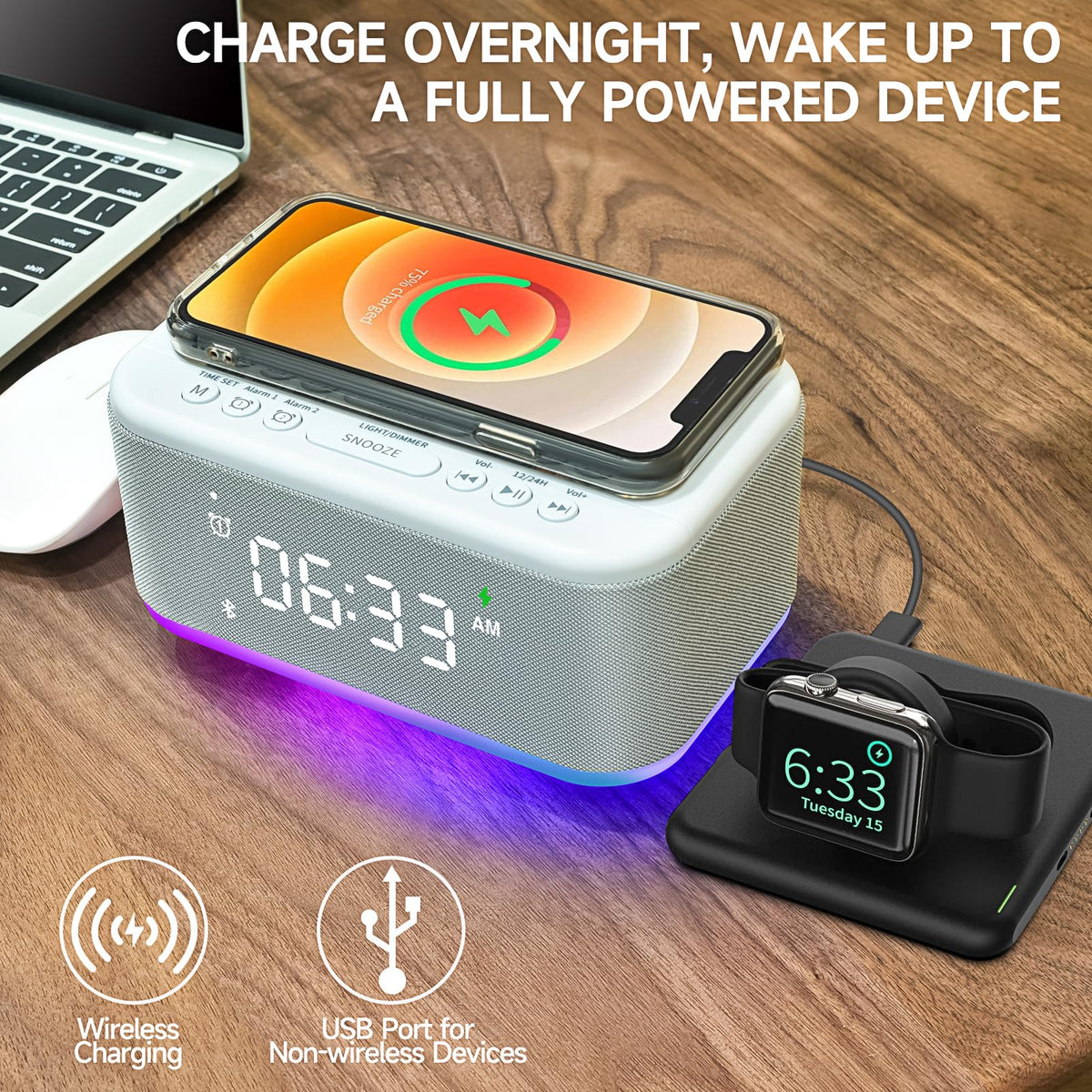 Alarm Clock Speaker Wireless Charger, Digital Alarm Clocks Bedrooms Bluetooth, Alarm Clock Dimmable Light Bedrooms Dual Alarm Snooze Dimmer 12 24H RGB Night Light Bluetooth USB AUX, Gray