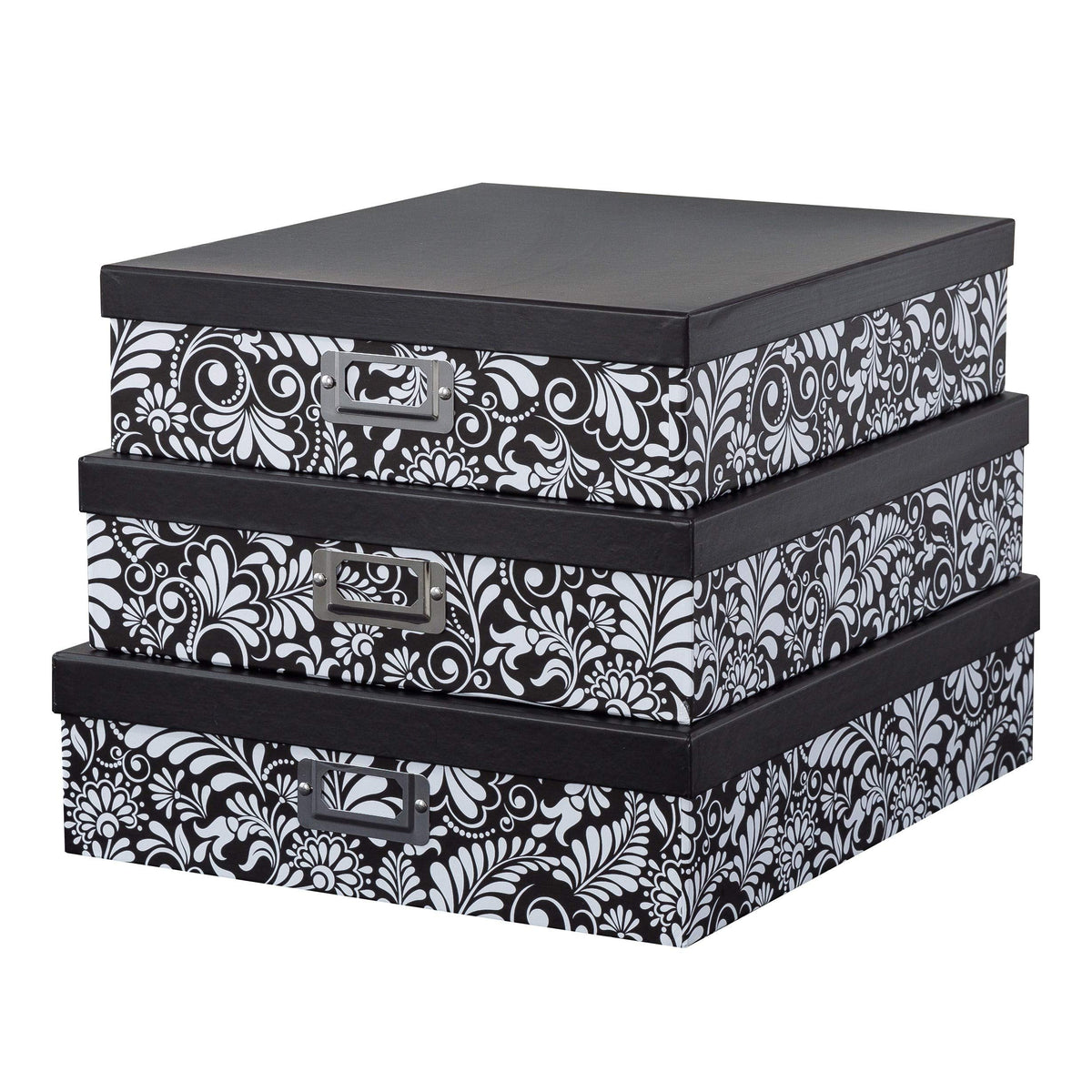 Soul & Lane Modern Botanical Decorative Cardboard Boxes with Lids, Set of 3 Black and White Floral Letter Storage for Documents, Memory Boxes for Keepsakes, Photos, Scrapbooks