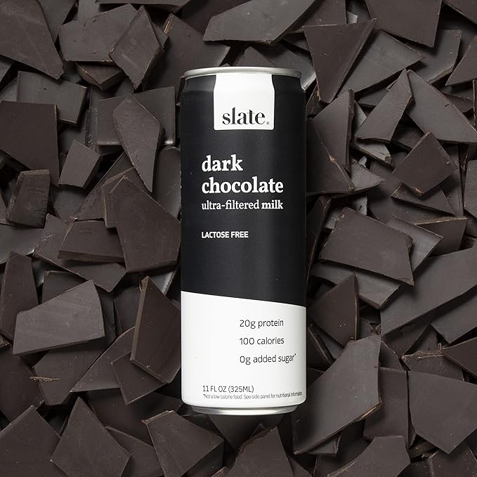 Slate Milk - High Protein Milk Shake - Dark Chocolate - Lactose Free, 20g Protein, 1g Sugar, 100 Calories, 1g Net Carbs, No Added Sugar - Natural, Breakfast Boost, Post Workout - 11 fl oz, 12 Cans