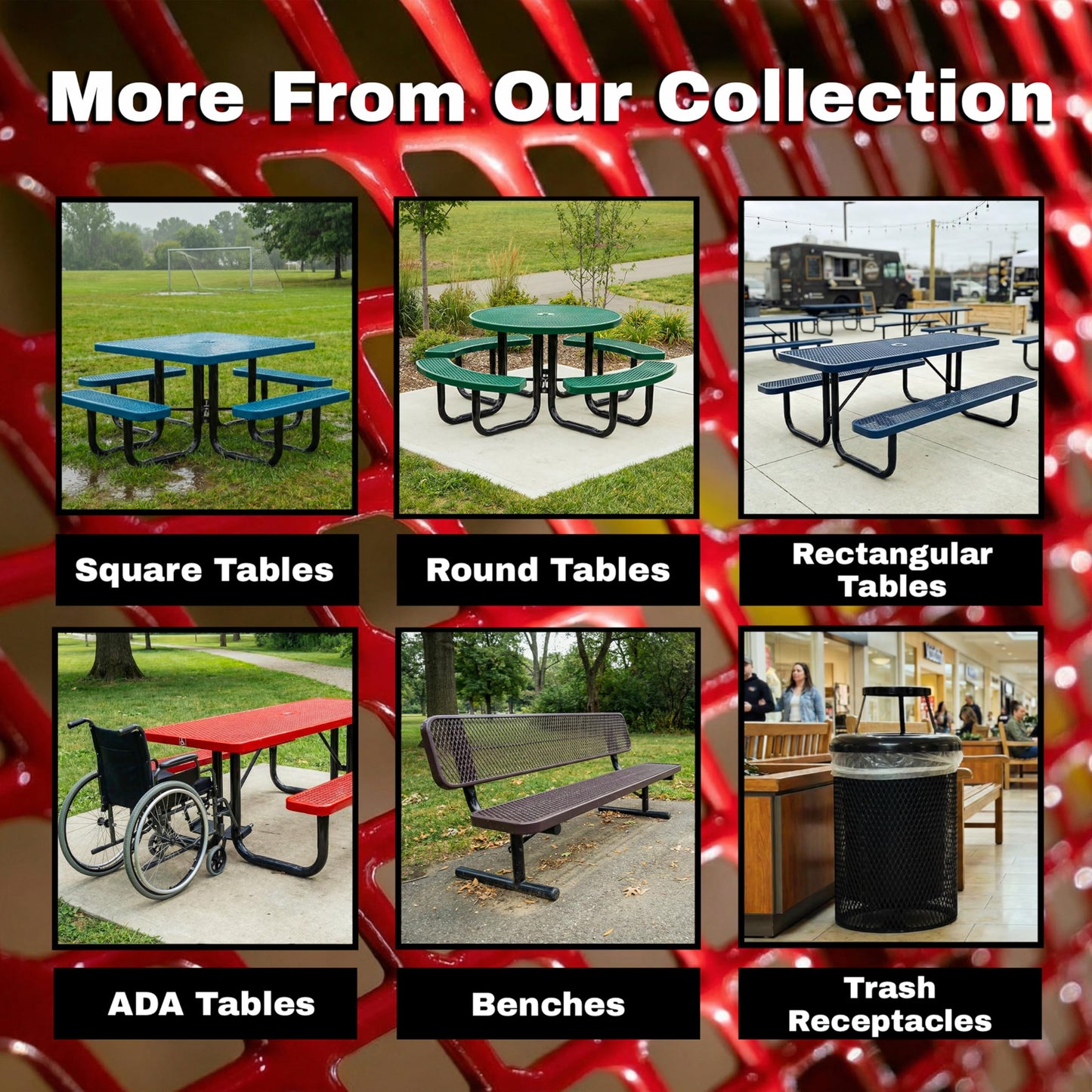 6' Rectangular Heavy-Duty Expanded Metal Red Picnic Table