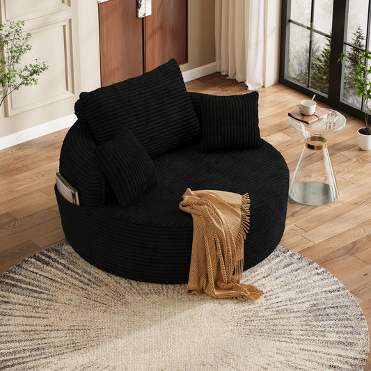 FAVSH 55" Oversized Round Chaise Lounge Chair Indoor, Upholstered Plush Deep Seat Circle Single Cloud Lounge Floor Sofa Chair with 4 Pillows with Side Pocket, Living Room, Bedroom Apartment, Black
