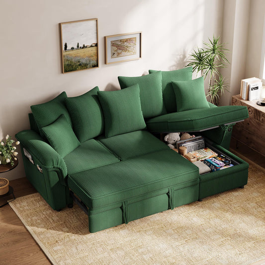 LINSY HOME 90.5'' Sectional Sleeper Sofa with Pull Out Couch Bed Modular (Green, 90.5'')