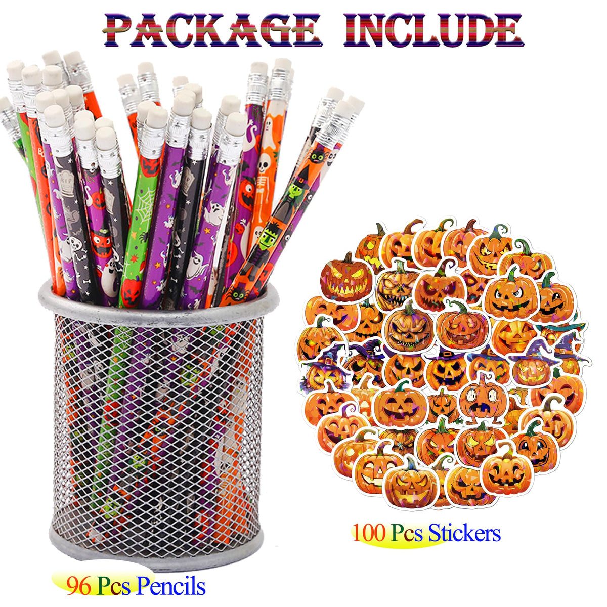Halloween Pencils and Stickers Bulk Set – 96 Halloween Pencils with Erasers, 6 Spooky Designs + 100 Pumpkin Stickers – Trick or Treat Goodie Bag Fillers, Classroom Prizes, Party Favors Supplies