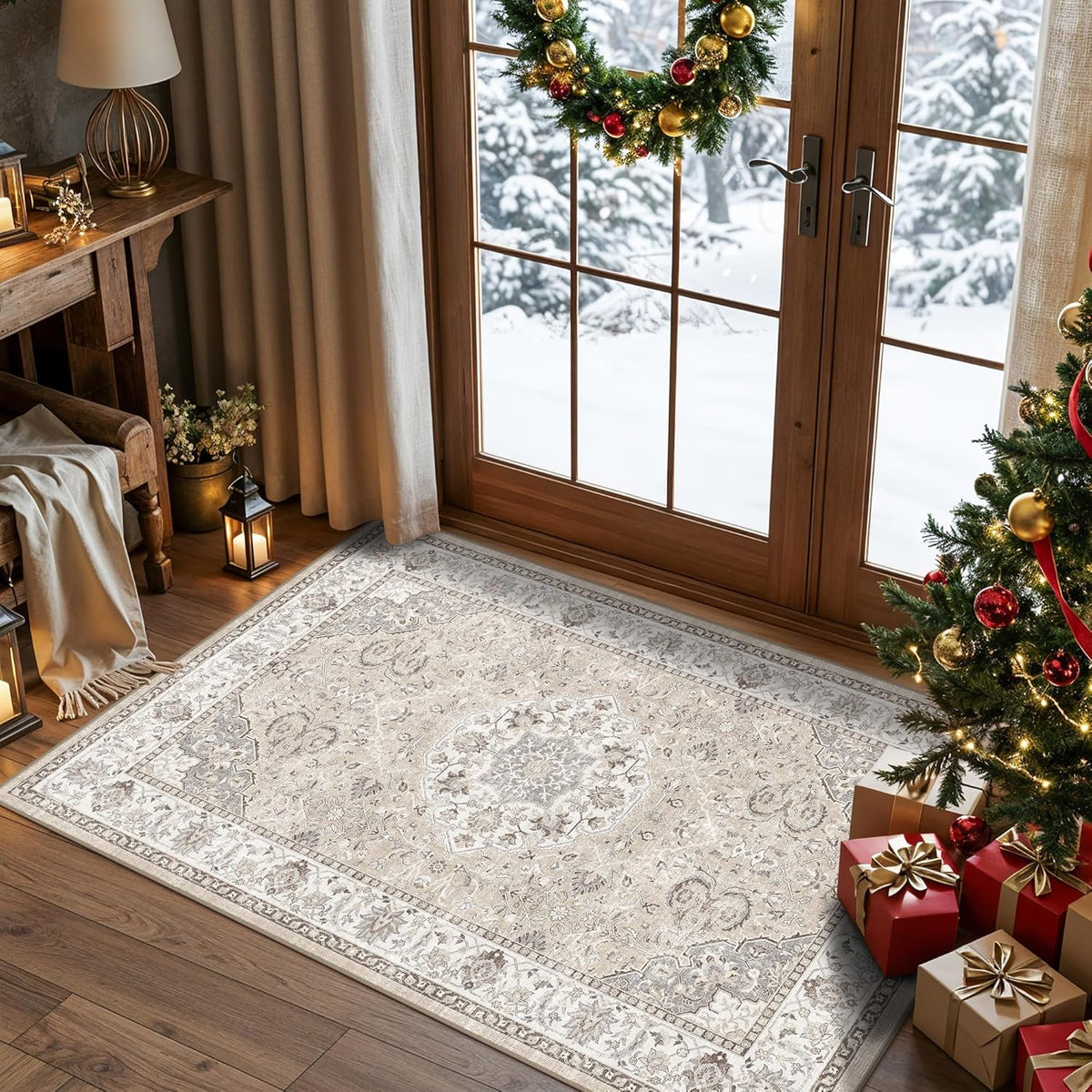 Skiennix Washable 3x4 Floor Mats - Non-Slip Water-Resistant Area Rug for Kitchen & Living Room | Beige