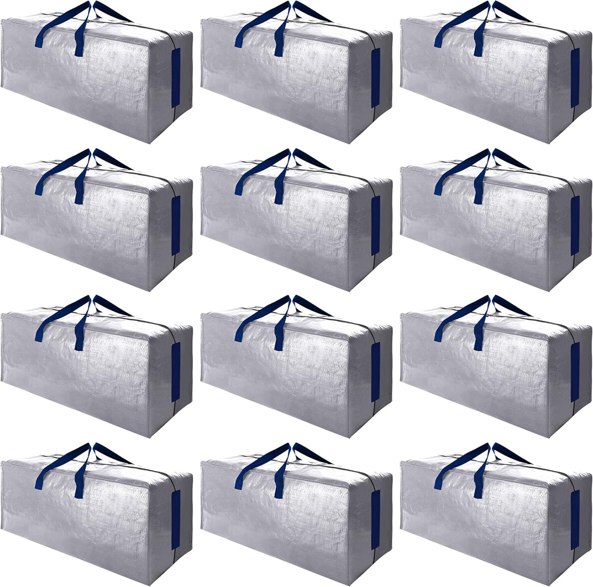 Sweet Dolphin Extra Large Moving Bags - Heavy Duty Storage Totes with Strong Zippers & Handles | 12 Pack, Silver