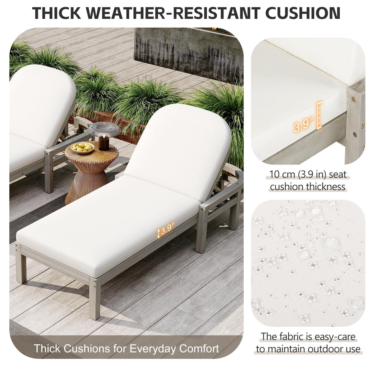 Merax Outdoor Chaise Lounge,Premium Acacia Wood Patio Recliner with Arched Backrest,5-Position Adjustable Backrest,Thick Cushion,Outdoor Lounge Chair for Poolside,Backyard,Deck & Lawn,Gray