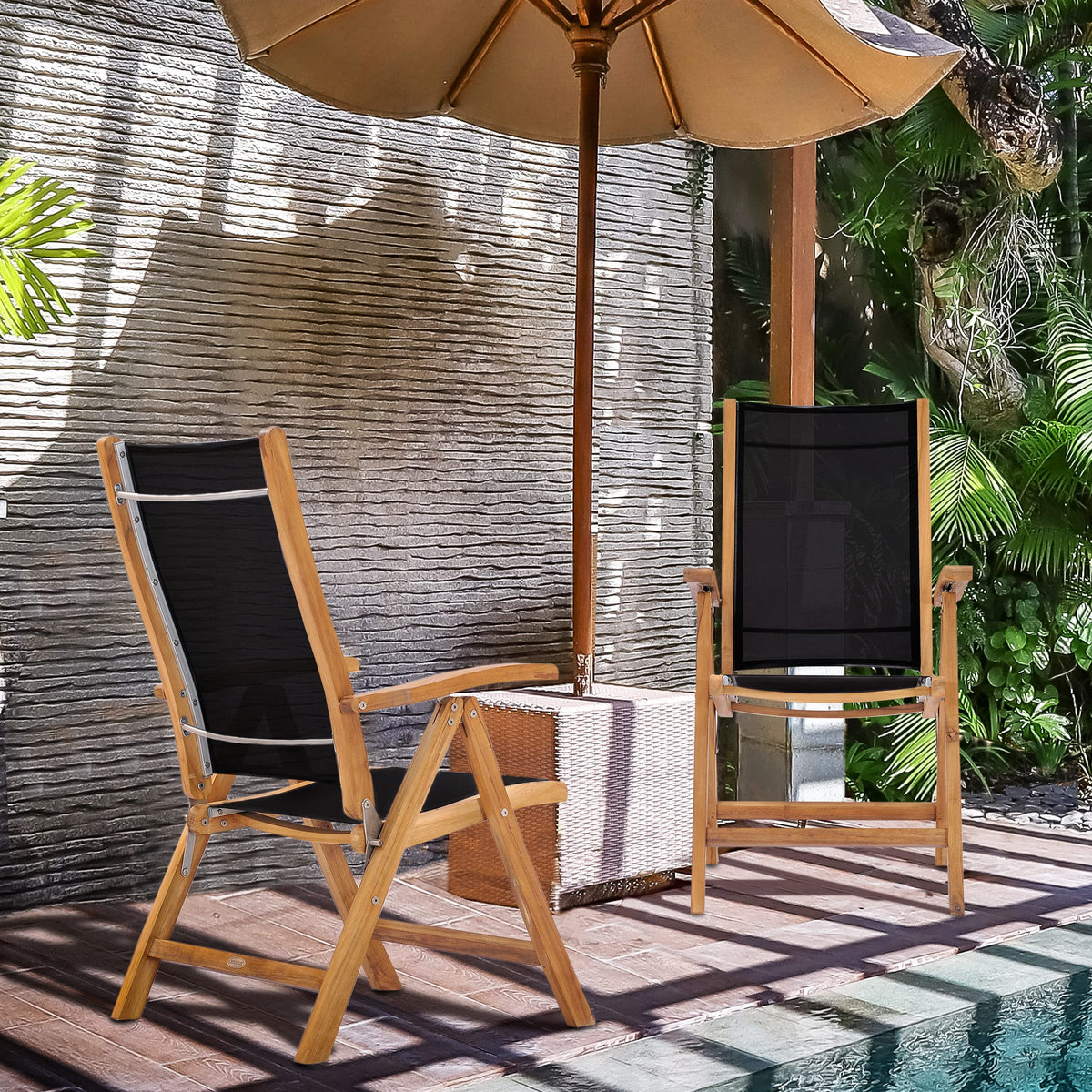 CHIC TEAK Teak Wood California Reclining Chair with Black Batyline Sling, Made from Solid A-Grade Teak Wood and Batyline
