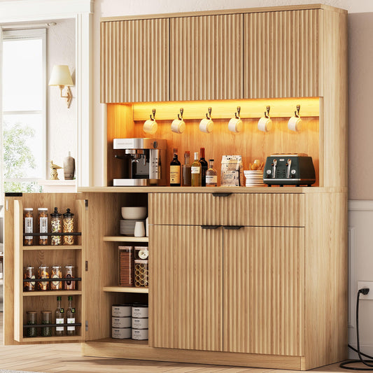 Jocoevol Fluted Kitchen Pantry Storage Cabinet with Charging Station/LED Light/Doors/Shelves, 71'' Tall Kitchen Food Hutch with Microwave Stand for Dining Room Living Room (Natural, 41 * 15.7 * 71)