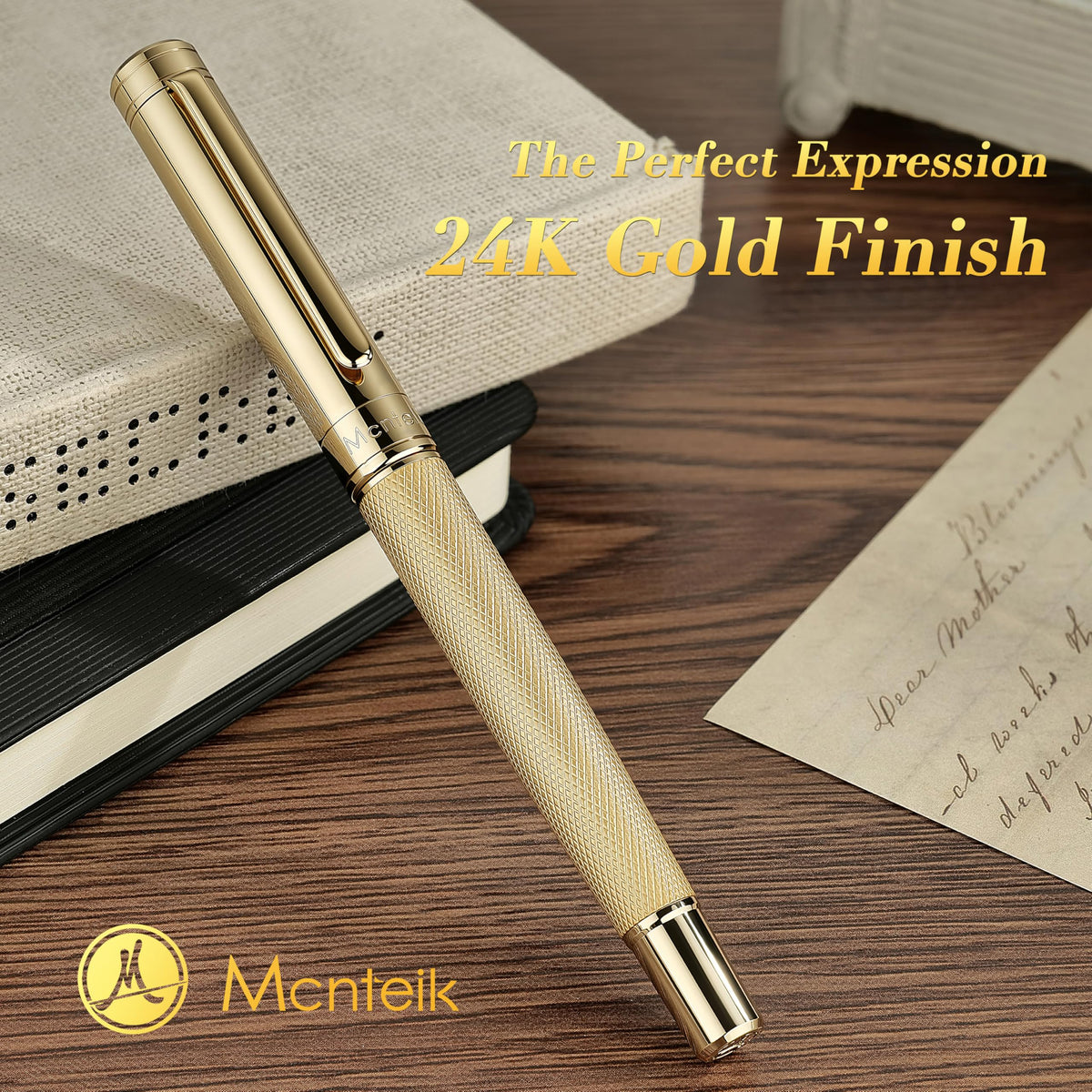 MCNTEIK Gold Rollerball Pen, Stunning Luxury Pen with Mesh Texture Design and 24K Gold Finish, Fancy Gift Set for Men & Women, Business Signature, Executive, Office, Nice Fancy Designer Pens