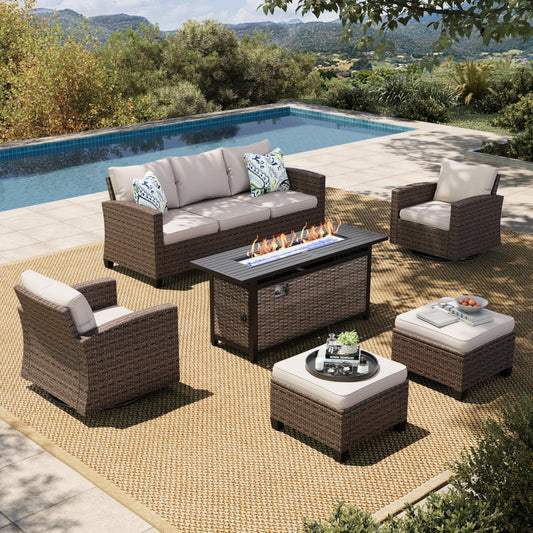 HERA'S HOUSE Swivel Glide Patio Furniture Set with 56" Fire Pit Table, 6 Pieces Outdoor Wicker Sectional Conversation Sofa Sets for Lawn Backyard Deck, Beige