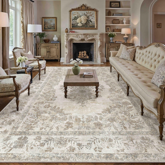 PureCozy 10x12 Area Rug Beige Washable Vintage Distressed Living Room Carpet Large Bedroom Indoor Medallion Floral Non Slip Retro Throw Floor Mat for Office Dining Room Kitchen Bathroom