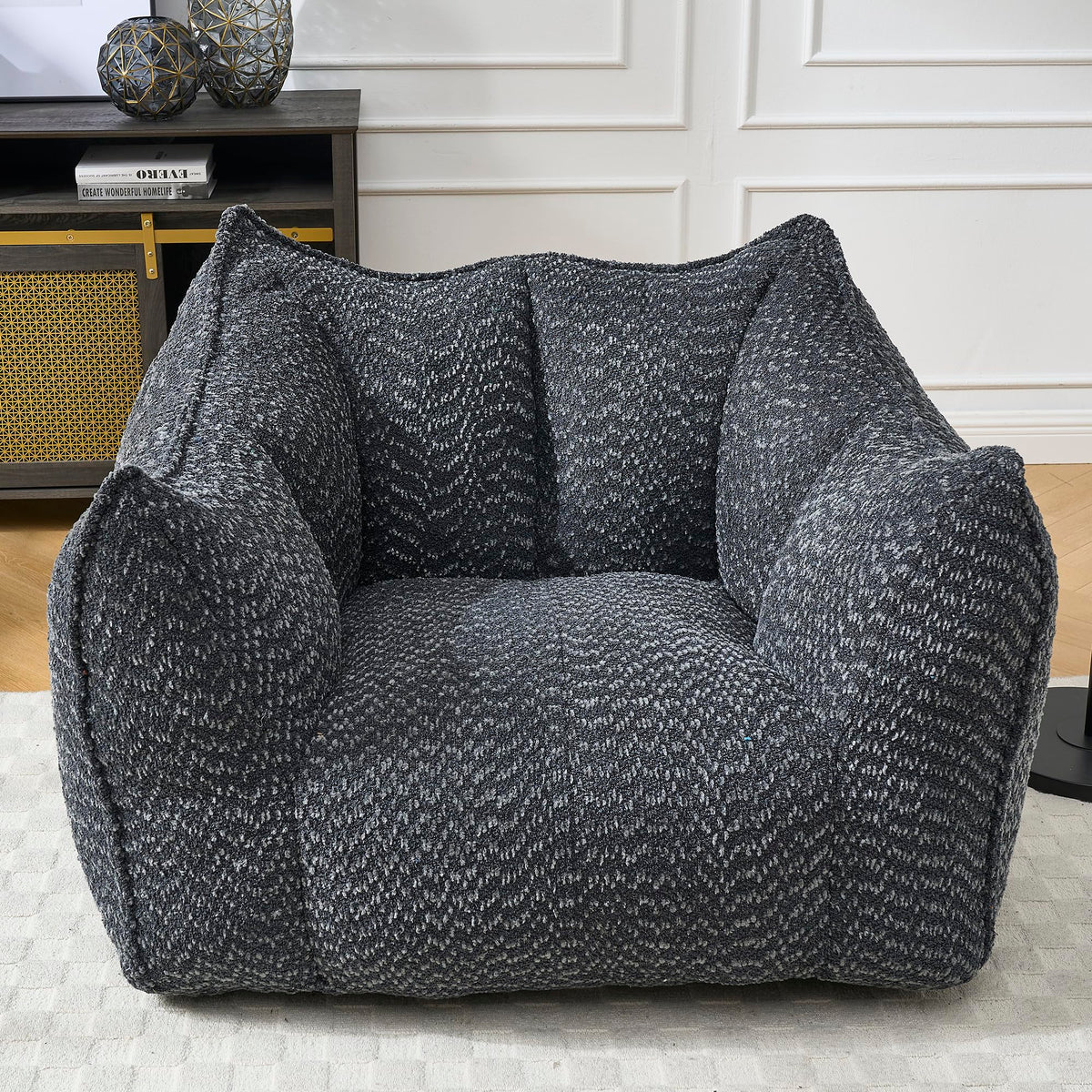 Large Chenille Bean Bag Chair for Adults - Oversized Square Lazy Sofa, Comfortable Gaming Reading TV Seat, 47.2" W x 36.2" D, Black, Living Room & Bedroom Essential