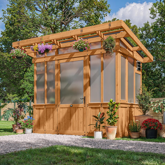 Backyard Discovery Poppy 9' x 6' Cedar Wood and Polycarbonate Walk-in Greenhouse Kit with Exhaust Fan, Windows, Hose Hook-Ups, PowerPort, Staging Shelves, Plant Hooks for Year-Round Outdoor Gardening