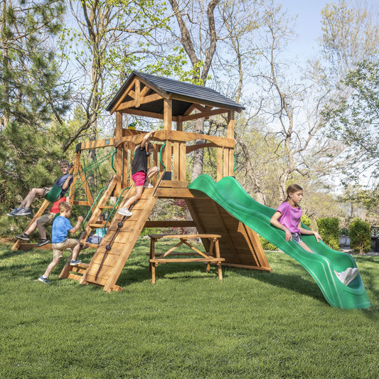 Backyard Discovery Endeavor II Cedar Wood Swing Set with Wave Slide, Play Deck, Double Rock Wall, Picnic Table, Climbing Wall, Belt Swings, Web Swing, Toy Telescope, Step Ladder, Outdoor Playset