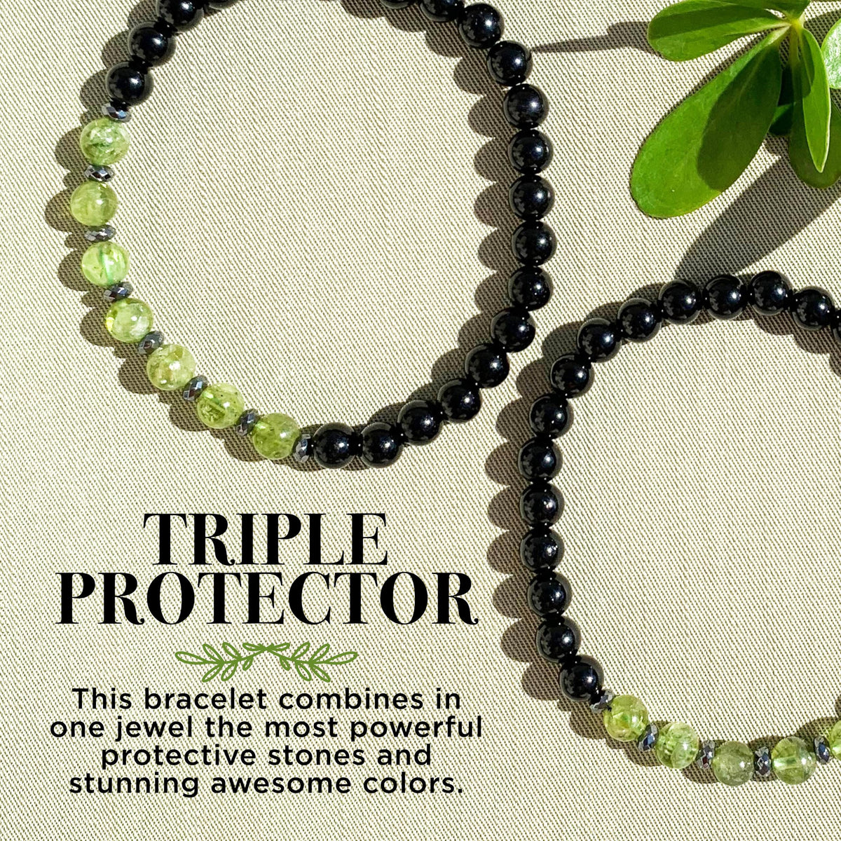 Joyfulmuze Men Gemstones Stretch Bracelet, Peridot Hematite Black Tourmaline, Handmade Spiritual Jewelry for Men, Natural Black Green Gems, Healing Chakra Bracelet, Fits 7-8.5" (peridot tourmaline)