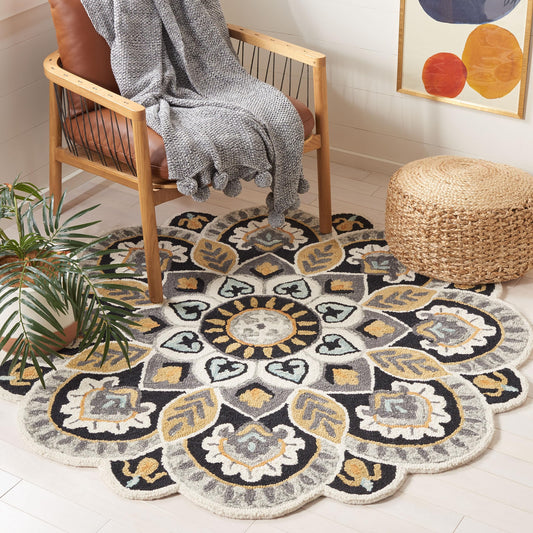 SAFAVIEH Novelty Collection Area Rug - 12' Round, Ivory/Black, Geometric Design, Ideal for High Traffic Areas in Living Room, Bedroom, Dining (NOV604Z)