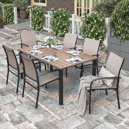 HERA'S HOUSE Patio Table and Chairs for 6, 7 Pieces Outdoor Deck Dining Sets, Wood-Like Rectangular Metal Table Set with Chairs for Lawn Garden Backyard, Brown