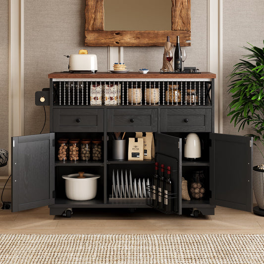Bellemave 46.5" Farmhouse Kitchen Island cart with Charging Station and with Drape of Beads, Rolling Kitchen Island Table with Drop-Leaf, 3 Drawers, Black