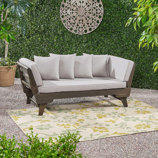 Christopher Knight Home Gary Patio Convertible Couch, Wooden Outdoor Daybed, 3-Seater Acacia Wood Patio Furniture Lounge Sofa for Backyard/Poolside/Garden, Back Pillow+Removable Cushion, Grey