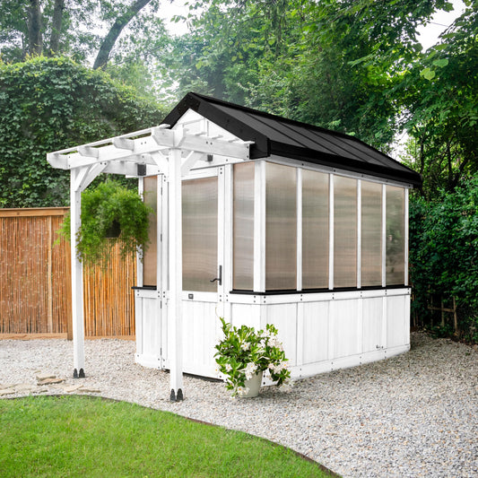 Backyard Discovery Bellerose 9' x 6' White Cedar Wood and Polycarbonate Walk-in Greenhouse Kit with Pergola, Exhaust Fan, Window, Hose Hook-Ups, PowerPort, Staging Shelves for Outdoor Gardening