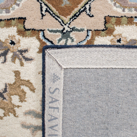 SAFAVIEH Heritage Collection Area Rug - 8' Square, Beige & Navy, Handmade Wool, Traditional Oriental Medallion Design, Ideal for Living Room, Bedroom, Dining Space (HG625D)