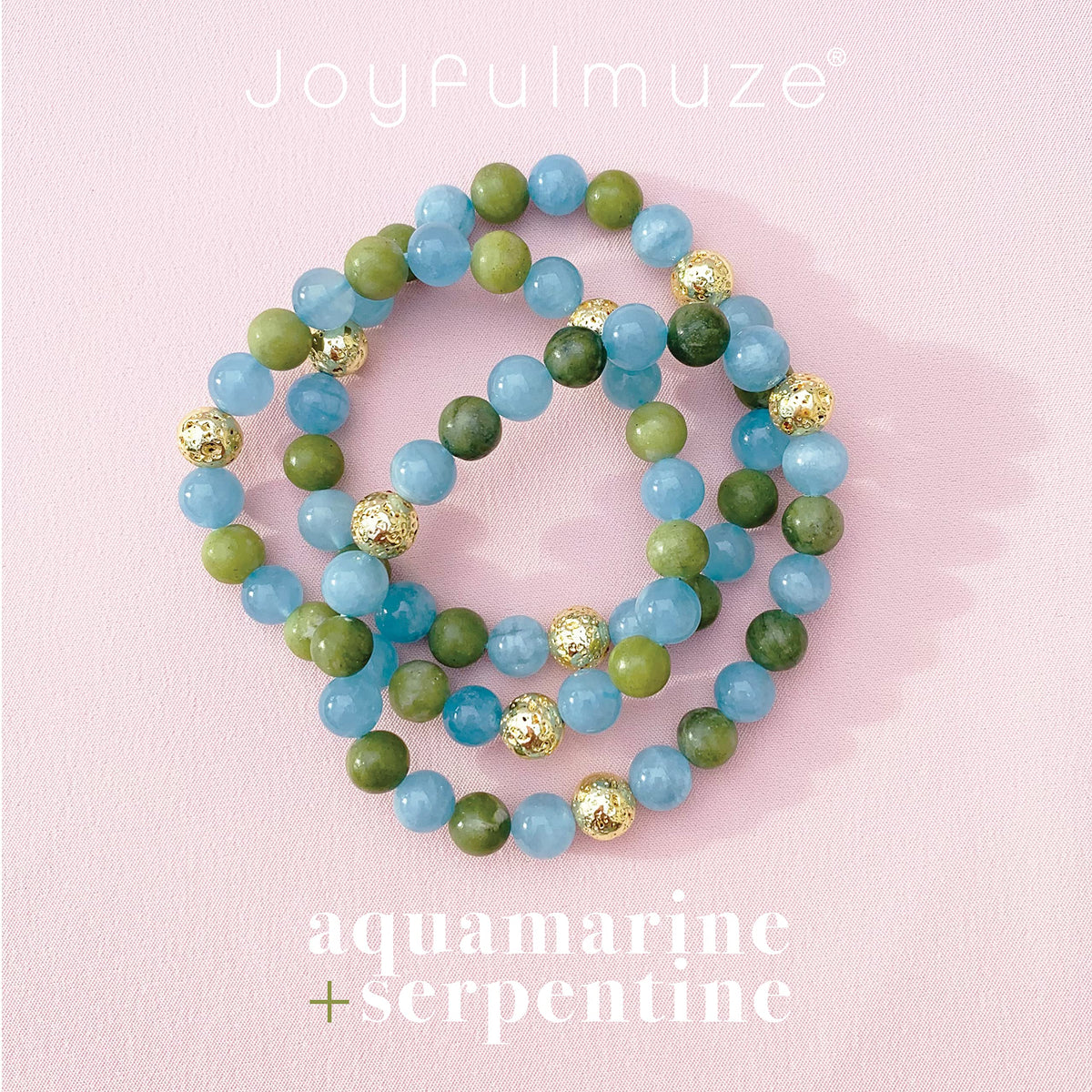 Joyfulmuze Aquamarine Serpentine Stretch Bracelet, Natural Blue and Green Round Gemstone, Handmade Spiritual Jewelry for Women Men, Gold Lava Beads, 17cm length (Aquamarine-Serpentinite-Lava Stone)