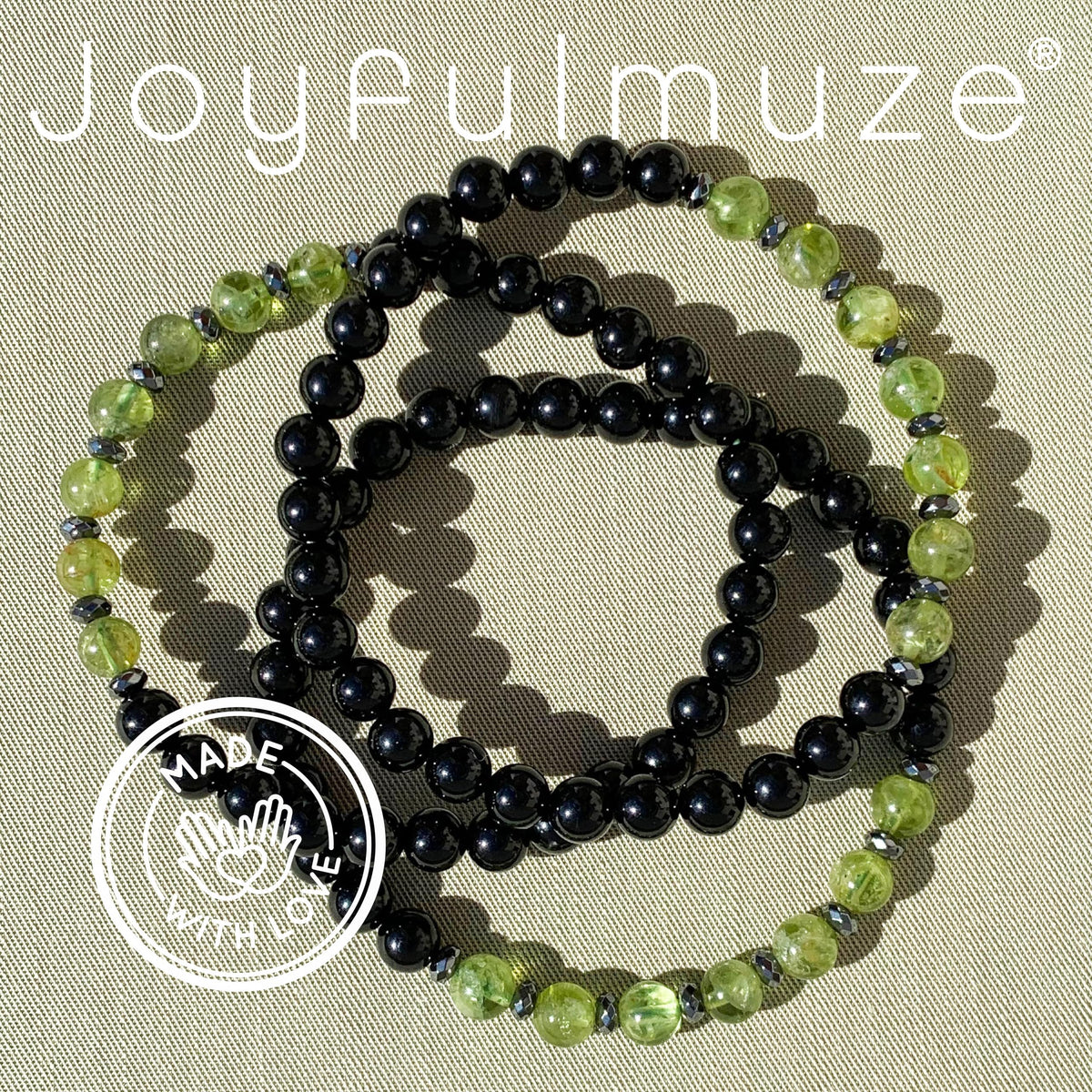 Joyfulmuze Men Gemstones Stretch Bracelet, Peridot Hematite Black Tourmaline, Handmade Spiritual Jewelry for Men, Natural Black Green Gems, Healing Chakra Bracelet, Fits 7-8.5" (peridot tourmaline)