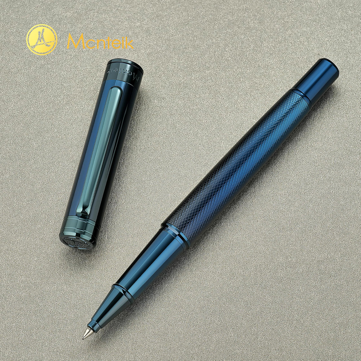 MCNTEIK Electroplated Blue Rollerball Pen, Stunning Luxury Pen with Mesh Texture Design、Schmidt Ink Refill, Nice Gift Set for Men & Women, Business, Executive, Office, Fancy, Nice Fancy Designer Pens