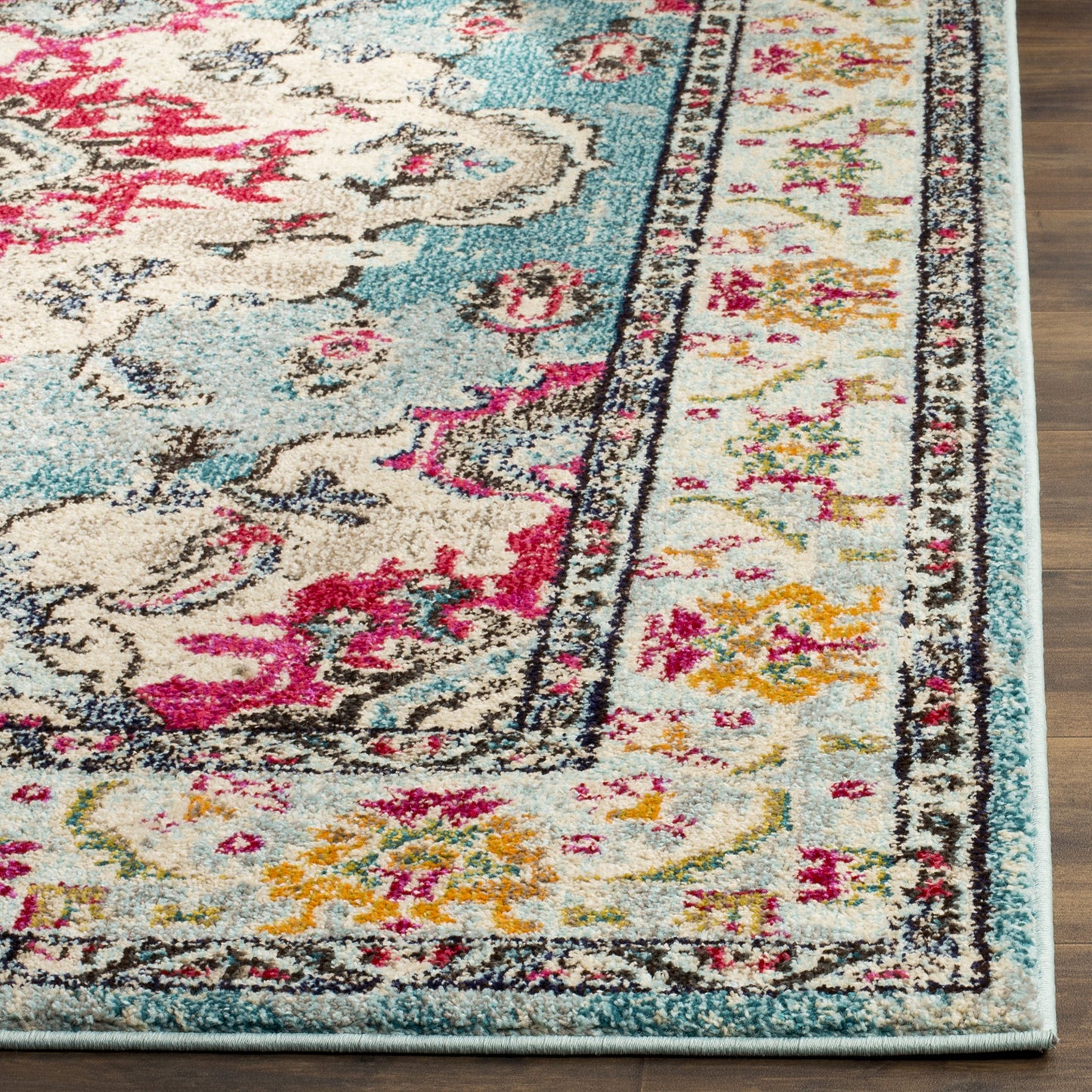 SAFAVIEH Monaco Collection Area Rug - 9' x 12', Light Blue & Fuchsia, Non-Shedding & Easy to Clean, Distressed Medallion Design, Ideal for Living Room, Bedroom, Dining Space (MNC243J)