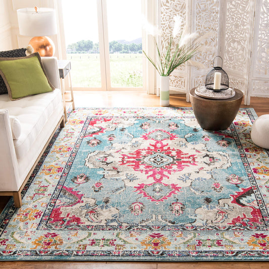 SAFAVIEH Monaco Collection Area Rug - 9' x 12', Light Blue & Fuchsia, Non-Shedding & Easy to Clean, Distressed Medallion Design, Ideal for Living Room, Bedroom, Dining Space (MNC243J)
